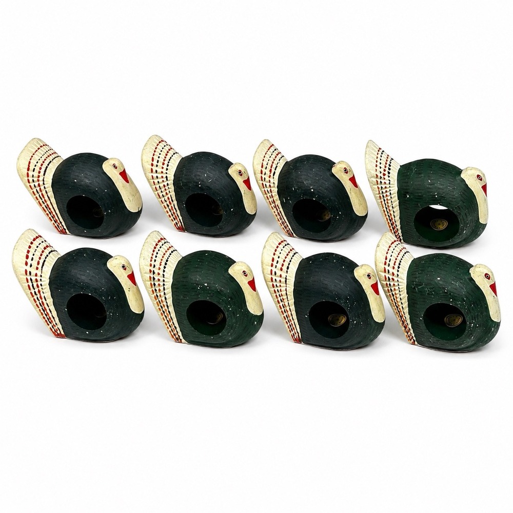 Vintage Hand Painted Wood Turkey Napkin Rings Set of 8 Thanksgiving Decor Green